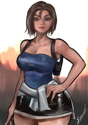 Rule 34 | 1girl, black skirt, blue tube top, brown hair, clothes around waist, commentary, hand on own hip, highres, jill valentine, looking at viewer, miniskirt, orion-m, resident evil, resident evil 3: nemesis, short hair, signature, skirt, smile, strapless, sweater, sweater around waist, tube top