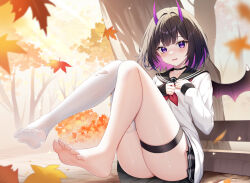 1girl absurdres ass asymmetrical_legwear autumn autumn_leaves barefoot bencao_gangmu_(anquan_sy) black_hair black_sailor_collar black_skirt black_wings blush brown_hair choppy_bangs clenched_hands collarbone colored_inner_hair commentary_request day double-parted_bangs falling_leaves feet forest full_body hair_intakes hands_on_own_chest highres horns knees_up leaf legs light_rays long_sleeves looking_at_viewer maple_leaf medium_hair miniskirt multicolored_hair nature neckerchief no_shoes original outdoors parted_lips pleated_skirt purple_eyes purple_hair purple_horns raised_inner_eyebrows red_neckerchief sailor_collar school_uniform serafuku shirt sitting skirt solo sunbeam sunlight thigh_strap thighhighs toenails toes torn_clothes torn_thighhighs tree wavy_mouth white_shirt white_thighhighs wings