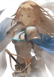 1girl adjusting_hair armor blue_cape boobplate breastplate breasts brown_eyes brown_hair cape commentary_request earrings fagi_(kakikaki) floating_earrings gauntlets granblue_fantasy jewelry katalina_(granblue_fantasy) large_breasts long_hair looking_at_viewer paid_reward_available parted_lips rapier sheath sheathed smile sword weapon white_background