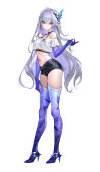 Rule 34 | 1girl, absurdres, alternate costume, artist name, bare shoulders, black shorts, breasts, casual, closed mouth, colored inner hair, commentary, contemporary, full body, genshin impact, grey hair, hair between eyes, hair ornament, high heels, highres, long hair, looking at viewer, medium breasts, multicolored hair, navel, off-shoulder shirt, off shoulder, pink eyes, purple hair, shirt, short sleeves, shorts, sicle, simple background, skirk (genshin impact), solo, standing, stomach, thighs, twitter username, very long hair, watermark, white background, white shirt