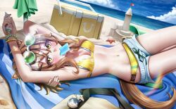 1girl absurdres animal_ears beach beach_towel beach_umbrella bikini blue_shorts blush bracelet brown_hair character_charm charm_(object) commentary cooler drawstring eyewear_on_head food food_in_mouth fuji_kiseki_(umamusume) highres horse_ears horse_girl horse_tail jewelry jungle_pocket_(umamusume) layered_bikini looking_at_viewer lotion lying manjo_(warito) multicolored_hair ocean on_back outdoors popsicle popsicle_in_mouth sand_castle sand_sculpture sandals short_shorts shorts slides solo starfish stomach streaked_hair sunglasses sunscreen swimsuit tail tied_drawstring towel umamusume umbrella white_hair yellow_eyes