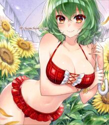 Rule 34 | 1girl, belt, belt skirt, bikini, bikini skirt, bracelet, breasts, chacham, cleavage, collarbone, field, flower, flower field, frilled bikini, frills, green hair, jewelry, kazami yuuka, looking at viewer, medium breasts, midriff, navel, plaid bikini, plaid clothes, plaid vest, red bikini, red eyes, short hair, smile, solo, sunflower, sunflower field, swimsuit, thick thighs, thighs, touhou, umbrella, vest, yellow nails