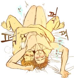 2boys anal bara brown_hair captain_america facial_hair iron_man lying_on_person male_focus male_penetrated marvel multiple_boys muscular nude sex steve_rogers tagme text_focus tony_stark wince yaoi