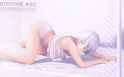 Rule 34 | 1girl, a.x., absurdres, all fours, ass, breasts, camisole, closed mouth, grey eyes, highres, medium breasts, original, panties, short hair, solo, underwear, white camisole, white hair, white panties