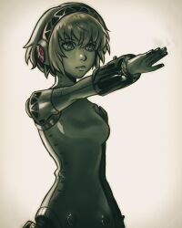 1girl aigis_(persona) breasts chapinor greyscale headphones highres joints monochrome persona persona_3 robot_girl robot_joints salute short_hair simple_background small_breasts spot_color straight-arm_salute