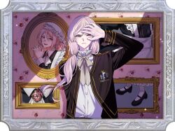 1boy :d adachi_imaru androgynous apron ascot black_dress black_jacket black_shoes border boys_be_maid! brooch crossdressing dress dress_shirt emblem frilled_shirt_collar frills hair_between_eyes hair_bun hair_over_shoulder hat interlocked_fingers jacket jewelry kisaki_yoka long_hair long_sleeves looking_at_viewer low_ponytail maid male_focus male_maid mary_janes mob_cap mole mole_under_eye neck_ribbon official_art open_clothes open_jacket open_mouth ornate_border own_hands_together photo_(object) picture_frame pink_eyes pink_hair ponytail portrait_(object) ribbon school_uniform scowl second-party_source shading_eyes shirt shoes single_hair_bun smile solo spotlight upper_body wallpaper_(object) white_apron white_ascot white_shirt yellow_ribbon