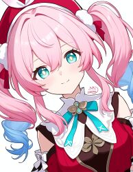 1girl aqua_bow aqua_bowtie aqua_eyes aqua_hair artist_name beret bow bowtie breasts commentary dress hat highres honkai:_star_rail honkai_(series) hyacine_(honkai:_star_rail) looking_at_viewer medium_hair multicolored_hair pink_hair red_dress simple_background smile solo twintails two-tone_hair upper_body white_background zhaohua