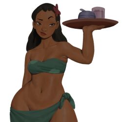 black_hair bowl breasts commentary cup dark-skinned_female dark_skin english_commentary flower green_skirt green_tube_top groin hair_flower hair_ornament highres holding holding_tray lilo_&amp;_stitch lips long_hair looking_at_viewer medium_breasts nani_pelekai navel raised_eyebrow red_flower simple_background skirt smile smug solo somsaknaha standing strapless thick_thighs thighs tray tube_top white_background
