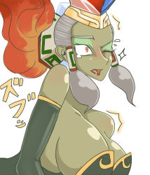 1girl blush breasts colored_skin dark_skin dark-skinned_female eyeshadow female_focus fire gerudo green_skin grey_hair hair_tubes ice large_breasts lipstick makeup nintendo one_eye_closed red_eyes red_lips sidelocks solo tanpoponagata tears the_legend_of_zelda the_legend_of_zelda:_ocarina_of_time twinrova