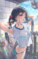 Rule 34 | 1girl, armpit peek, bikini, bikini under clothes, black hair, blue bikini, breasts, commentary, crop top, crop top overhang, day, flower, hair flower, hair ornament, highres, huwari (dnwls3010), long hair, looking at viewer, medium breasts, navel, no pants, open mouth, original, outdoors, red eyes, see-through cleavage, see-through clothes, see-through shirt, shirt, short sleeves, side-tie bikini bottom, solo, standing, stomach, swimsuit, thighs, twintails, wet, wet clothes, wet shirt, white shirt