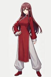 1girl blue_dress chinese_clothes dress highres kokoro_no_koibito kung_fu long_hair long_sleeves looking_at_viewer martial_arts monk original panties red_dress self-upload shaolin_monk solo standing underwear