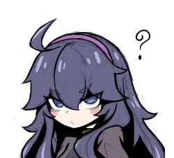 Rule 34 | 1girl, ?, @ @, absurdres, black hair, blue eyes, blush stickers, cowl, deburi276, grey background, hair between eyes, hairband, hex maniac (pokemon), highres, long hair, looking at viewer, nintendo, pokemon, pokemon xy, puckered lips, purple hairband, simple background, solo, upper body