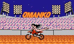 1girl audience barefoot black_eyes black_hair breasts crowd konami large_breasts long_hair looking_at_viewer lying motocross_champion motor_vehicle motorcycle night night_sky nude one_eye_closed pixel_art riding saiwai_hiroshi sign sky stadium star_(sky) starry_sky wink