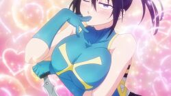 1girl anemone_(kizetsu_yuusha) animated anime_screenshot arm_under_breasts black_hair blowing_kiss blue_eyes blue_gloves blush breasts collarbone ear_piercing gloves heart highres kizetsu_yuusha_to_ansatsu_hime large_breasts one_eye_closed parted_lips piercing ponytail priestess sleeveless sound tagme video
