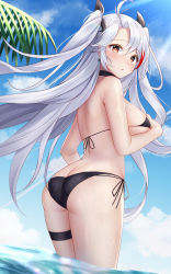 1girl absurdres ass azur_lane bikini black_bikini black_neckwear black_ribbon blue_sky blush breasts choker commentary_request cross cross_earrings earrings from_behind hair_ornament hair_ribbon halterneck highres jewelry jyu-so large_breasts long_hair looking_at_viewer looking_back multicolored_hair official_alternate_costume outdoors parted_bangs parted_lips prinz_eugen_(azur_lane) red_eyes red_hair revision ribbon side-tie_bikini_bottom silver_hair sky solo standing streaked_hair string_bikini swimsuit thigh_strap thighs two_side_up underboob wading wet