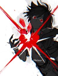 1boy black_hair broken_heart clawed_hands commentary english_commentary hat_babo heart highres kingdom_hearts kingdom_hearts_iii limited_palette looking_at_viewer male_focus no_mouth pants red_eyes red_theme sora_(kingdom_hearts) symbolism twitter_username upper_body white_background wide-eyed