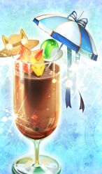 blue_background chocolate_lady_no_karasawagi cocktail_umbrella commentary cookie cup drink drinking_glass fate/grand_order fate_(series) food food_art food_focus fox lasengle no_humans official_art sparkle third-party_source