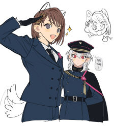2girls absurdres amatsumi_inori animal_ears aohitsugi_nemu arms_behind_back badge belt black_cape black_gloves black_hat black_necktie blue_jacket blush brown_hair buttons cape closed_mouth collared_shirt dog_ears dog_tail gloves grey_eyes hair_ornament hairclip hat highres hoshi_(liujingxing333) hypnosis_mic hypnosis_mic:_rule_the_stage jacket kemonomimi_mode looking_at_viewer medium_hair military_hat military_uniform multiple_girls necktie open_mouth salute shirt side_cape smile tail tail_wagging tassel upper_body white_background white_hair white_shirt