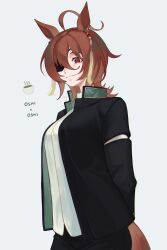 1girl absurdres agnes_tachyon_(umamusume) ahoge animal_ears arms_behind_back artist_name black_pants breasts brown_hair closed_mouth collared_shirt earrings eyepatch hair_between_eyes highres horse_ears horse_girl horse_tail huge_ahoge jacket jewelry large_breasts long_hair long_sleeves mujintou_png open_clothes open_jacket pants red_eyes shirt simple_background smile solo tail tassel tassel_earrings umamusume white_background white_shirt wolf_cut