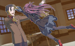 Rule 34 | 1boy, 1girl, black hair, boots, chuuou higashiguchi, commentary request, cthulhu mythos, dress, formal clothes, highres, imminent hug, indoors, jumping, long hair, looking at another, monster girl, open mouth, pantyhose, purple hair, smile, suit, tentacle hair