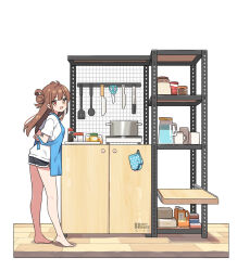 Rule 34 | 1girl, :d, apron, arms behind back, bare legs, barefoot, black shorts, blue apron, blush, brown eyes, brown hair, cooking pot, dolphin shorts, double bun, hair bun, hatsunatsu, knife, long hair, looking at viewer, open mouth, original, oven mitts, scissors, shirt, short shorts, short sleeves, shorts, simple background, smile, solo, spatula, two side up, white background, white shirt, wooden floor