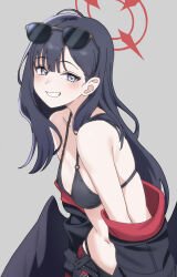 1girl absurdres belt bikini bikini_under_shorts black_bikini black_hair black_jacket black_shorts black_wings blue_archive breasts commentary eyewear_on_head grey_background halo highres ichika_(blue_archive) ichika_(swimsuit)_(blue_archive) jacket kippei leaning_forward long_hair low_wings navel o-ring o-ring_bikini o-ring_top official_alternate_costume open_clothes open_jacket open_shorts purple_eyes red_belt red_halo shorts simple_background small_breasts smile solo stomach sunglasses swimsuit upper_body wings