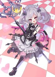 1girl arianne_the_labrynth_servant black_dress black_tail demon_girl demon_horns demon_tail demon_wings dress duel_monster full_body grey_hair highres horns jigenshin long_hair maid maid_headdress pink_eyes pink_tail pink_wings standing striped_tail tail twintails two-tone_tail wings yu-gi-oh!