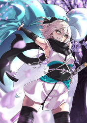 1girl absurdres ahoge aqua_cape armpit_crease bare_shoulders black_bow black_sash black_scarf black_sleeves black_thighhighs bow cape character_request cherry_blossoms copyright_request cowboy_shot day detached_sleeves dress eyelashes floating_clothes floating_hair hair_between_eyes hair_bow happy highres holding holding_unworn_cape holding_unworn_clothes katana kimono_dress long_sleeves obi outdoors petals sash scarf sheath sheathed short_dress skinsuit sleeveless sleeveless_dress smirk solo spring_(season) standing sword taiju_(gr09kuma) teeth thighhighs tree unworn_cape waist_bow weapon white_bow white_dress white_eyes white_hair wind