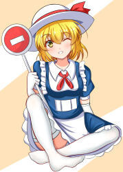 Rule 34 | 1girl, absurdres, apron, blonde hair, blue dress, chestnut95, collared shirt, dress, elbow gloves, frilled apron, frilled dress, frills, full body, gloves, hat, hat ribbon, highres, kana anaberal, medium hair, neck ribbon, no entry sign, no shoes, one eye closed, panties, parted lips, puffy sleeves, red ribbon, ribbon, road sign, shirt, sign, sitting, sun hat, thighhighs, touhou, touhou (pc-98), underwear, waist apron, white apron, white gloves, white hat, white panties, white shirt, white thighhighs, yellow eyes