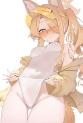 1girl absurdres animal_ear_fluff animal_ears bare_shoulders blonde_hair blue_archive breasts clothes_pull covered_navel cross_halo extra_ears fox_ears fox_girl fox_tail hair_over_one_eye half-closed_eyes halo highleg highleg_one-piece_swimsuit highres jacket koba_(kobako42) loli long_hair long_sleeves off_shoulder official_alternate_costume official_alternate_hairstyle one-piece_swimsuit one-piece_swimsuit_pull one_eye_covered open_mouth orange-tinted_eyewear pulling_own_clothes seia_(blue_archive) seia_(swimsuit)_(blue_archive) side_ponytail simple_background small_breasts solo sunglasses sweatdrop swimsuit tail thighs tinted_eyewear very_long_hair visor_cap white_background white_one-piece_swimsuit yellow_halo yellow_jacket yellow_visor