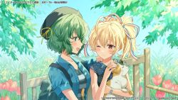 2girls :d ahoge andou_tazusa animal arm_up assault_lily backpack bag bare_arms bench beret black_headwear black_shirt blonde_hair blue_jacket blue_ribbon blue_sky blush breasts buttons cat commentary_request day fang fingernails flower grass green_eyes green_hair hair_down hair_ribbon hand_on_another&#039;s_head hand_up hands_up hat hat_ribbon high_ponytail highres holding holding_animal holding_cat jacket jewelry light_particles light_smile looking_at_another medium_breasts multicolored_ribbon multiple_girls necklace official_alternate_costume official_art on_bench one_eye_closed open_clothes open_jacket open_mouth outdoors petting pink_flower ponytail profile red_eyes red_ribbon ribbon ring rococomm123 shirt short_hair short_sleeves side-by-side sitting sky sleeveless sleeveless_shirt smile striped_clothes striped_ribbon striped_shirt translation_request two-tone_shirt upper_body watch watermark white_ribbon white_shirt wristwatch yellow_flower yellow_ribbon yoshimura_thi_mai