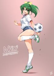 Rule 34 | 1girl, ball, blue buruma, blush, breasts, buruma, character name, commentary request, full body, green eyes, green hair, gym shirt, gym uniform, highres, inoue sora, kneehighs, long hair, medium breasts, midorikawa nao, name tag, open mouth, ponytail, precure, revision, shirt, shoes, signature, sketch, smile precure!, sneakers, soccer, soccer ball, socks, solo, sportswear, standing, standing on one leg, telstar, white shirt