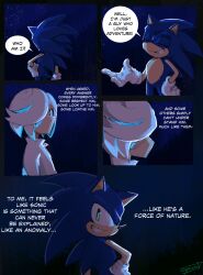 1boy 1girl animal_ears blue_hair closed_eyes commentary copium_v dress english_commentary english_text furry furry_male gloves green_eyes grin hair_over_one_eye hedgehog_boy highres multicolored_hair night night_sky sage_(sonic) short_hair signature sky smile sonic_(series) sonic_the_hedgehog speech_bubble star_(sky) starry_sky streaked_hair white_dress white_gloves white_hair