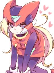 1girl all_fours android bliss_zero_(mega_man) blonde_hair blush breasts female_focus genderswap genderswap_(mtf) heart helmet kokurizero long_hair medium_breasts mega_man_(series) mega_man_zero_(series) red_skirt simple_background sketch skirt solo white_background zero(z)_(mega_man) zero_(mega_man)
