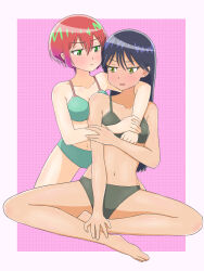 Rule 34 | 2girls, amate yuzuriha, arm around neck, barefoot, black bra, black panties, blue bra, blue panties, blush, border, bra, closed mouth, commentary request, green eyes, grid background, gundam, gundam gquuuuuux, highres, hug, hug from behind, long hair, massa79, multiple girls, nyaan (gundam gquuuuuux), outside border, panties, parted lips, pink background, purple hair, red hair, underwear, underwear only, white border, yellow eyes, yuri