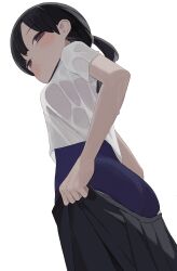 1girl ass black_eyes black_hair blue_one-piece_swimsuit blue_school_swimsuit breasts commentary highres hiroki_(yyqw7151) long_hair looking_at_viewer looking_back one-piece_swimsuit original ponytail school_uniform see-through_clothes see-through_shirt shirt short_sleeves simple_background small_breasts solo swimsuit swimsuit_under_clothes wet wet_clothes wet_shirt white_background white_shirt