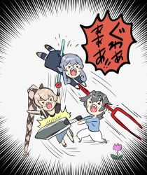&gt;_&lt; 3girls bident black_hair black_necktie black_shirt blue_hair blue_jacket blue_sarong blue_shirt blue_sweater braid chibi collared_shirt commentary_request cowboy_shot dilated_pupils energy_sword fangs feet_out_of_frame gloves gotland_(kancolle) hair_bun hair_flaps hair_ornament hair_ribbon hairclip huge_weapon jacket jingei_(kancolle) jingei_(spring)_(kancolle) kakincho kamen_rider kamen_rider_black_rx_(series) kantai_collection lance_of_longinus_(evangelion) long_hair low_ponytail mole mole_under_eye multiple_girls necktie neon_genesis_evangelion official_alternate_costume pants pink_hair polearm ponytail revolcane ribbon rurouni_kenshin sarong shirt single_braid single_hair_bun stab sweater sword very_long_hair weapon white_gloves white_pants yura_(kancolle) yura_(swimsuit)_(kancolle) zanbatou