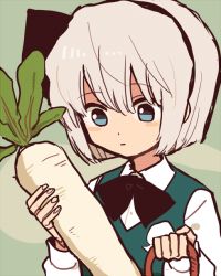 1girl bad_id bad_pixiv_id black_bow black_bowtie black_hairband blue_eyes blush_stickers bow bowtie closed_mouth collared_shirt fingernails green_vest hairband holding ka_(996beshi) konpaku_youmu long_sleeves radish shirt short_hair solo touhou vest white_hair white_shirt wing_collar