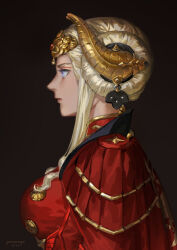 1girl artist_name black_background blonde_hair breasts chinese_commentary closed_mouth commentary_request dated dress edelgard_von_hresvelg edelgard_von_hresvelg_(timeskip) fire_emblem fire_emblem:_three_houses forehead_protector gold_horns highres jane_mere long_hair looking_to_the_side medium_breasts nintendo profile purple_eyes red_dress sidelocks solo upper_body white_hair