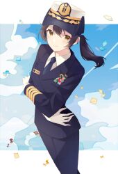 1girl alternate_costume anchor_symbol blue_jacket blue_necktie blue_pants brown_eyes brown_hair closed_mouth collared_shirt commission cowboy_shot crossed_arms female_service_cap gloves highres jacket kaga_(kancolle) kantai_collection looking_at_viewer military_dress_uniform military_rank_insignia military_uniform naval_dress_uniform naval_uniform necktie pants ribbon_bar shakemi_(sake_mgmgmg) shirt short_hair short_sidetail side_ponytail skeb_commission smile solo white_gloves white_shirt