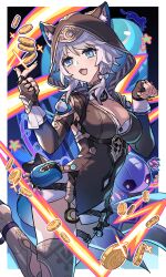 1girl absurdres animal_ear_fluff animal_ears animal_hood armpit_crease black_gloves black_hoodie black_shirt blue_eyes braid breasts cat_ears cat_girl cat_hood cat_tail cipher_(honkai:_star_rail) cleavage cleavage_cutout clothing_cutout coin detached_sleeves feet_out_of_frame fingerless_gloves gloves gold_coin grey_hair highres honkai:_star_rail honkai_(series) hood hoodie large_breasts mole mole_on_breast open_mouth sakana_(fishchunk) shirt short_hair side_braid smile solo spirithief_bartholos_(honkai:_star_rail) tail thigh_strap thighhighs yellow_nails