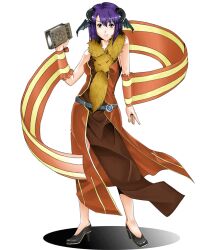 1girl animal animal_around_neck belt black_eyes black_horns black_shoes black_wings blue_belt book breasts closed_mouth commentary_request demon_wings detached_sleeves dress fox full_body head_wings high_heels hijiru holding holding_book horns looking_at_viewer medium_breasts orange_dress orange_sleeves professor_(ragnarok_online) purple_hair ragnarok_online shoes short_hair simple_background sleeveless sleeveless_dress smile solo striped_sleeves white_background wings yellow_sleeves