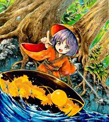 1girl bowl bowl_hat commentary_request hat highres holding holding_sword holding_weapon index_finger_raised japanese_clothes kimono looking_at_viewer needle_sword open_mouth outdoors purple_eyes purple_hair red_kimono sash short_hair solo sukuna_shinmyoumaru sword tatuhiro teeth touhou tree upper_teeth_only water weapon