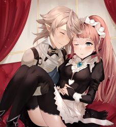 1boy 1girl absurdres apron armor black_dress black_gloves black_thighhighs blue_eyes blunt_bangs blush breasts bridal_gauntlets carrying center_frills closed_eyes closed_mouth commentary commission corrin_(fire_emblem) corrin_(male)_(fire_emblem) dress english_commentary feather_trim felicia_(fire_emblem) fire_emblem fire_emblem_fates fire_emblem_heroes forehead-to-forehead frills gauntlets gloves grey_hair hair_between_eyes hand_on_another&#039;s_thigh haru_(nakajou-28) heads_together high_ponytail highres juliet_sleeves long_hair long_sleeves maid maid_headdress medium_breasts nintendo nohrian_maid_uniform one_eye_closed parted_lips pink_hair pointy_ears ponytail princess_carry puffy_sleeves second-party_source short_hair sidelocks sitting smile sweatdrop thighhighs variant_set waist_apron white_apron