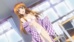 10s 1girl bra breasts brown_eyes brown_hair cleavage female_focus highres japanese_clothes long_hair looking_at_viewer navel ogiso_setsuna open_mouth panties school solo surprised underwear undressing white_album_(series) white_album_2 white_bra white_panties yagasuri