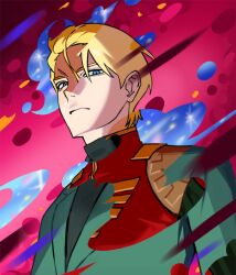 1boy black_shirt blonde_hair blue_eyes char_aznable green_jacket gundam gundam_gquuuuuux jacket long_sleeves looking_at_viewer male_focus military_jacket military_uniform pronakser red_jacket shirouzu_(gundam) shirt short_hair solo turtleneck