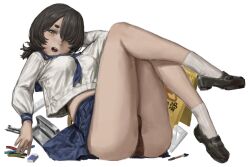 ass binder black_hair brown_eyes crop_top eraser falling guideoflothric1 knees_up midriff one_eye_covered panties pen pencil school_uniform shoes sign skirt slipping socks underwear