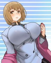 blue_background breasts brown_eyes brown_hair cellphone devil_survivor_(series) devil_survivor_2 huge_breasts necktie nitta_io phone sachito school_uniform short_hair skirt solo striped_background striped_necktie striped_neckwear white_background
