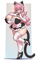 1girl absurdres ahoge animal_ears apron black_shoes blue_eyes borvar breasts commentary english_commentary fake_animal_ears fake_tail full_body gloves heart heart_hands high_heels highres huge_breasts long_hair looking_at_viewer maid_apron maid_headdress original pink_hair pink_lips shoes signature smile solo standing standing_on_one_leg tail thighhighs white_gloves white_thighhighs wide_hips