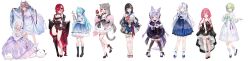 Rule 34 | 6+girls, absurdres, ahoge, airi kanna, akane lize, animal ears, aokumo rin, arahashi tabi, ayatsuno yuni, black bow, black dress, black footwear, black hair, black thighhighs, blonde hair, blue hair, blush, boots, bow, braid, breasts, brown hair, cat ears, cat tail, cleavage, closed eyes, cross-laced footwear, dragon girl, dragon horns, dress, earrings, extra ears, facing viewer, floral print, flower, full body, grey bow, grey hair, hair ornament, hanako nana, hanbok, heart, heart o-ring, highleg, highres, horns, jewelry, knee boots, korean clothes, large breasts, long hair, long image, long sleeves, looking at another, looking at viewer, mole, multicolored hair, multiple girls, neneko mashiro, no legwear, no panties, o-ring, o-ring thigh strap, open mouth, picter, ponytail, red flower, red footwear, red hair, red rose, rose, shirayuki hina, short hair, simple background, single thighhigh, sitting, smile, snowflake print, standing, stellive, streaked hair, tail, teeth, tenko shibuki, thigh strap, thighhighs, upper teeth only, virtual youtuber, white background, white footwear, wide image, yuzuha riko